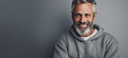 Confident mature man in casual wear smiling against grey background. Modern masculinity.