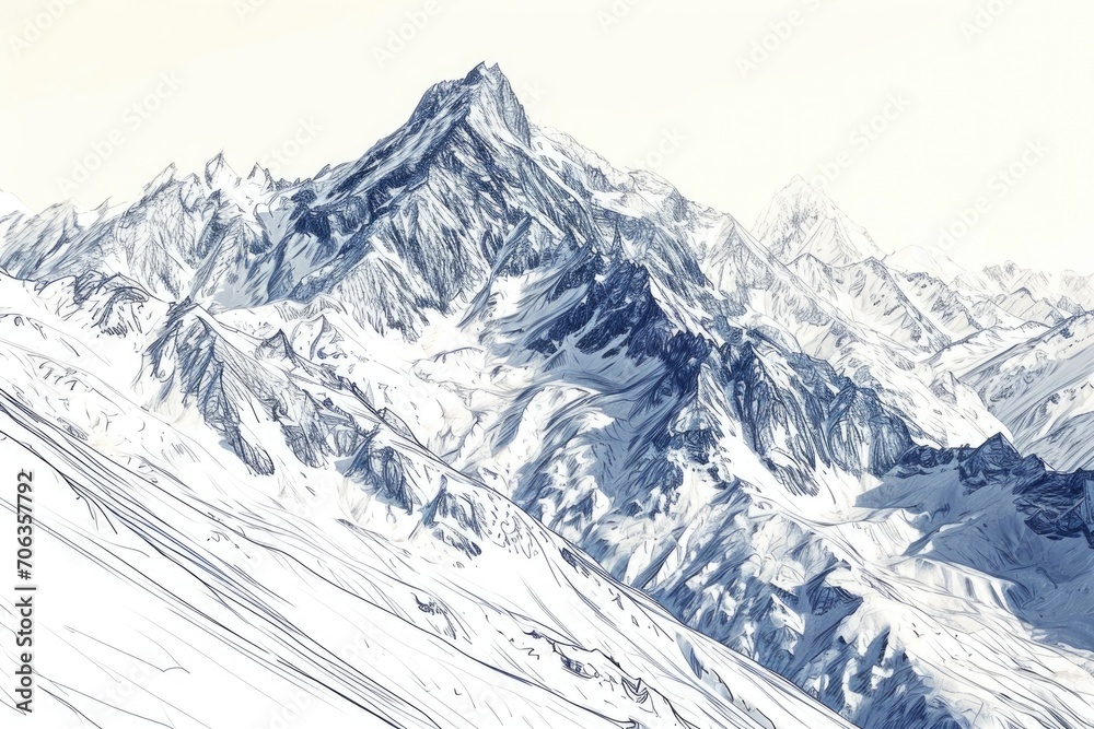 Poster A drawing of a snow covered mountain range. Can be used as a background image or for nature-themed projects