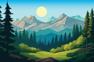 Fotobehang illustration vector of mountain and green forest landscape with trees, wallpaper background © Arash