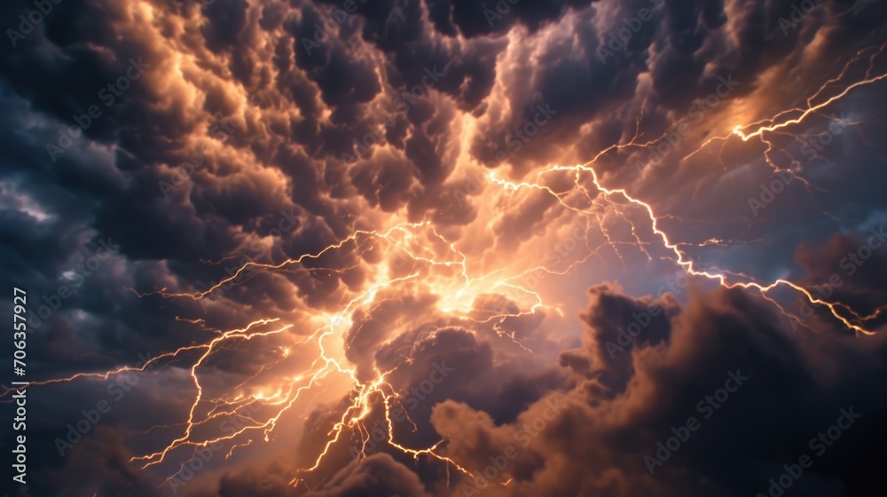 Poster A powerful lightning storm captured in the sky. This image can be used to depict the intensity and beauty of a natural phenomenon.
