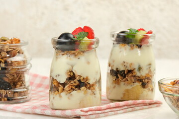 Healthy Breakfast,Delicious Granola with Fruits and Yogurt, Healthy, Vegeterian Fiber Food.