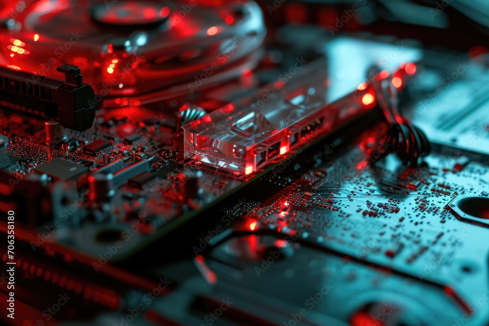 Poster computer motherboard with red lights. can be used for technology-related designs