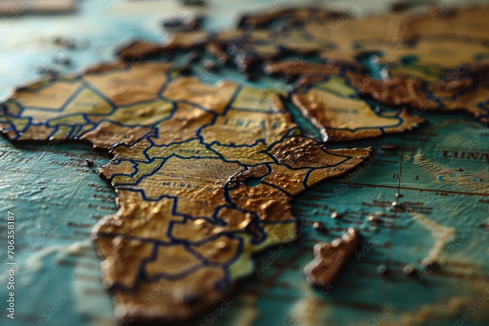 Poster a detailed close-up view of a map of the world. this image can be used for educational purposes or i