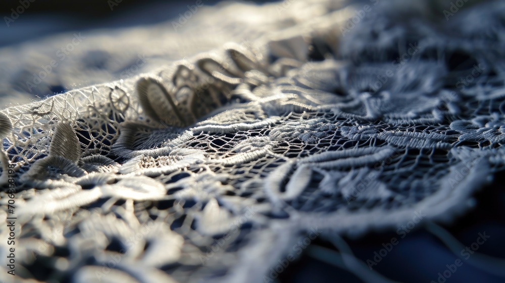 Poster A detailed close-up shot of a piece of lace delicately placed on a table. This image can be used to add an elegant touch to various projects and designs