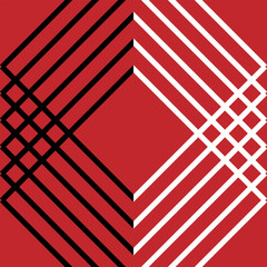 Diagonal black white lines form squares on a red