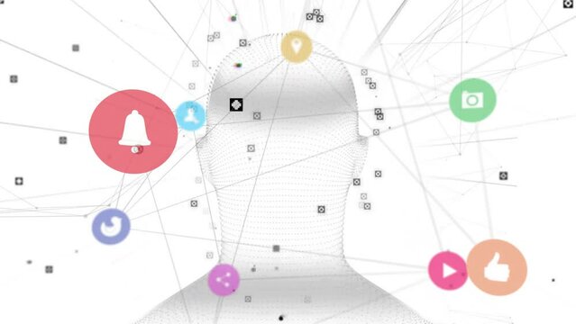 Animation of network of connections with icons over human head model on white background