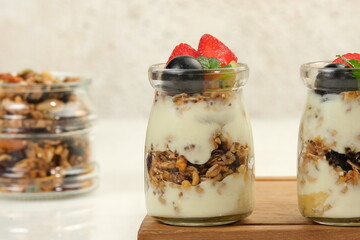 Healthy Breakfast,Delicious Granola with Fruits and Yogurt, Healthy, Vegeterian Fiber Food.