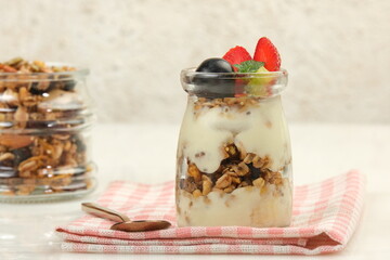 Healthy Breakfast,Delicious Granola with Fruits and Yogurt, Healthy, Vegeterian Fiber Food.