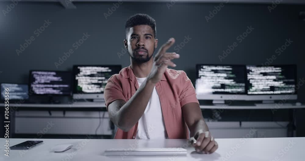 Leinwandbilder Cyber security, virtual screen and man programming for software development, information technology or algorithm code. Programmer, developer or night coder work on coding database, network or project