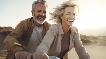 Happy adult people cheerful couple enjoy the outdoor leisure activity riding a bike together man carrying woman and laugh a lot in friendship and relationship. lovely couple.