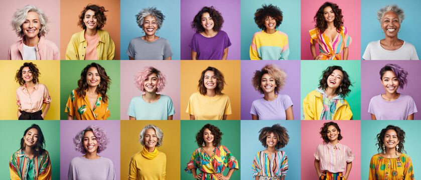 International women's day. Collage of diverse women smile over color backgrounds