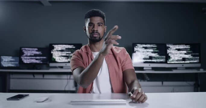 Cyber security, virtual screen and man programming for software development, information technology or algorithm code. Programmer, developer or night coder work on coding database, network or project