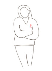 Line art of confident woman support breast cancer awareness with pink breast cancer ribbon while cross arm.