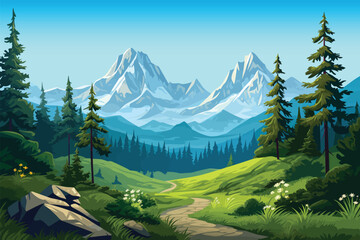 illustration vector of mountain and green forest landscape with trees, wallpaper background