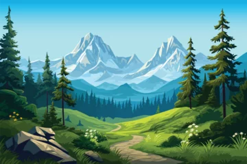 Fotobehang illustration vector of mountain and green forest landscape with trees, wallpaper background © Arash