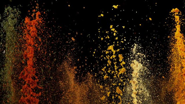 Super Slow Motion Shot of Colorful Explosion of Various Spices on Black Background at 1000fps.