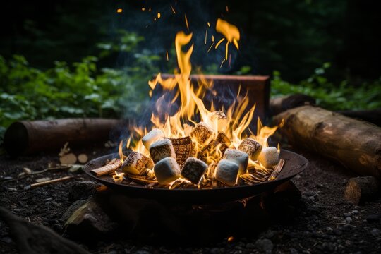 Photo of a summer campfire with marshmallow roasting. Generative AI