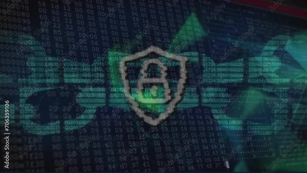 Poster animation of cyber attack warning text and data processing with padlock