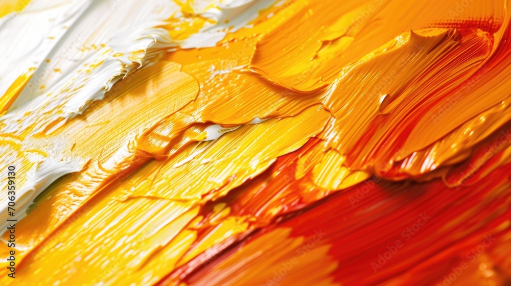 Poster A close up view of a painting with vibrant yellow and red paint. Perfect for adding a pop of color to any project or design