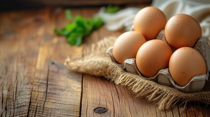 Fresh farm eggs on a wooden rustic background 
