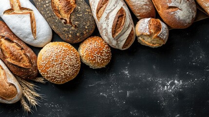 Fresh Bread on black background, top view, copy space. Homemade fresh baked various loafs of wheat and rye bread flat lay. 