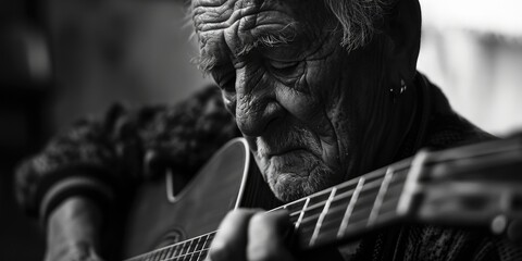 A black and white photo of a man playing a guitar. Perfect for music enthusiasts and artists...
