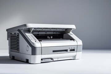 Obraz premium A white printer sitting on top of a table. Can be used for office or home decor