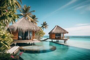 Photo of a tropical island getaway with beachfront huts. Generative AI