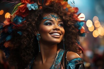 Brazilian Carnival. Young woman enjoying the carnival party. Beautiful young woman in a peacock carnival costume. Beauty model woman at a party over festive background with magical glow.