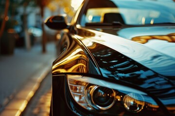 A close-up view of a car parked on a city street. Suitable for automotive-related projects and urban scenes