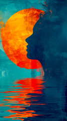 features an artistic representation of a silhouette profile against a vibrant orange and blue background with reflections in water, symbolizing depth and introspection