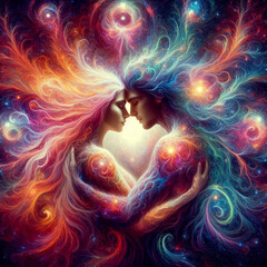 Twin flame couple. Soulmates. The concept of magical, esoteric, tantric, spiritual love. Connection between souls. Illustration for websites and much more. Created using generative ai tools.