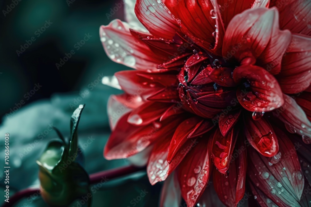 Poster a vibrant red flower with sparkling water droplets. perfect for adding a touch of nature's beauty to