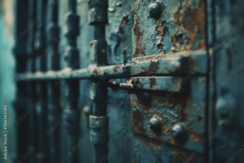 Poster a close-up view of a rusted iron gate. can be used to depict decay, abandonment, or as a background 