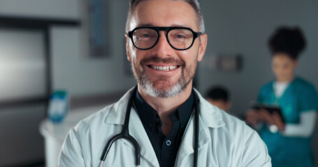 Doctor, hospital or professional man, happy nurse or cardiologist with career smile, cardiology service job or vocation. Medic portrait, work pride or confident clinic worker for health care wellness - obrazy, fototapety, plakaty