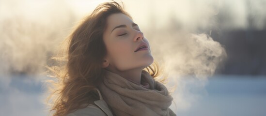 Caucasian woman breathing fresh winter air.