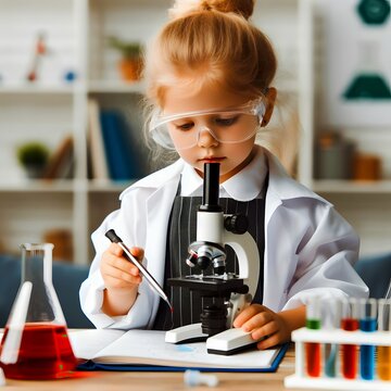 Cropped view of little boys and girls in scientist uniforms trying to use microscopes to do chemistry lab experiments in science class.