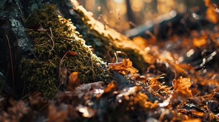 A detailed view of a tree trunk covered in moss. This image can be used to depict nature, forest, ecology, or environmental themes