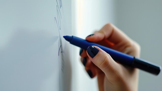 A person is seen writing on a white board with a blue pen. This image can be used for educational or business-related content