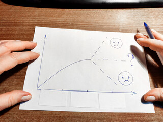 Hands of woman hold white piece of paper on the table with a drawn graph and branching. Choosing...