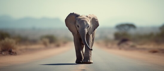Elephant calf blocking road.