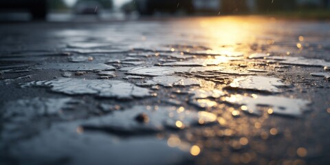 Wet asphalt road in the morning. Generative AI 

 - obrazy, fototapety, plakaty