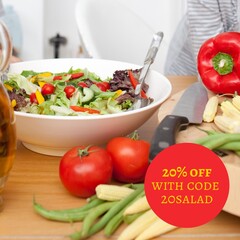 Composite of 20 percent off with code 20salad text over table with vegetable salad
