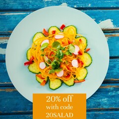 Composite of 20 percent off with code 20salad text over plate with vegetable salad