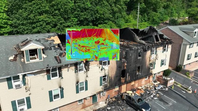 Thermal drone camera scanning collapsed roof after house, apartment fire. Thermal imaging technology overlay on burnt building for hotspots. 3D render animation, special effects on aerial shot.