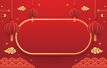 Happy Chinese new year 2024. Chinese new year banner with circle for show product. Greeting card. China frame with lantern on red background.