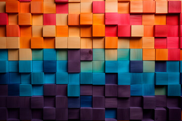 Artistic wall of wooden cubes in a gradient from warm to cool colors.