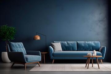 Minimalist interior with blue sofa, elegant decor, and wooden details.