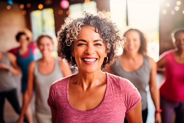Fototapeta premium Active, smiling group of seniors enjoying an exercise class together, radiating vitality.