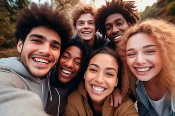 Diverse group of smiling friends taking a selfie in an autumn park.